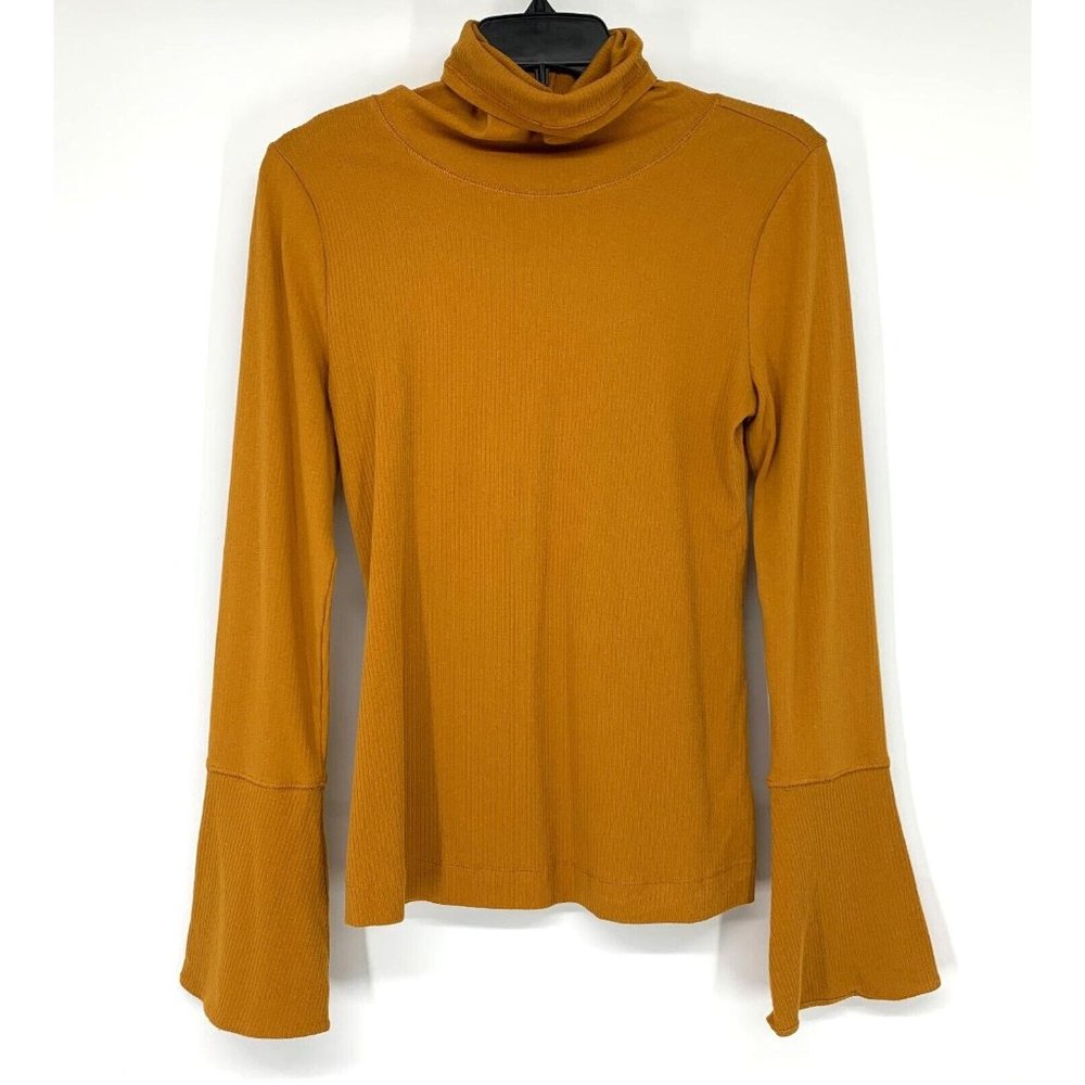 Free People Top Sydney Mustard Yellow Bell Sleeve Turtleneck - Picture 2 of 10